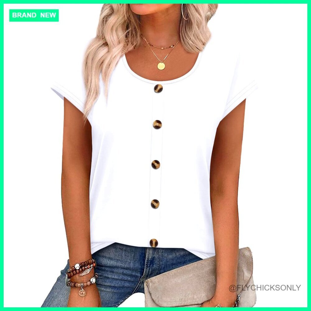 Loose Fit Cap Sleeve U-Neck Blouse Polyester Blend Summer Top